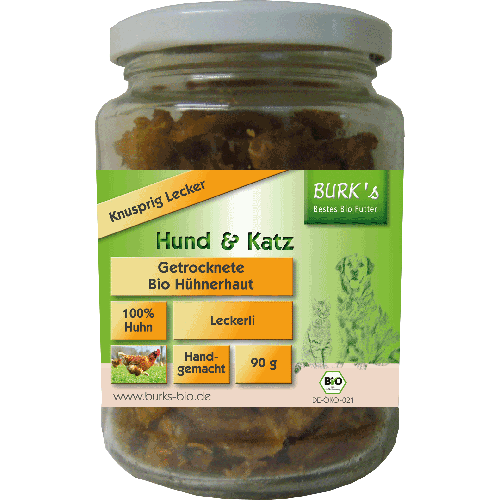 Getrocknete Bio Hühnerhaut 90g Katze Snack Burk